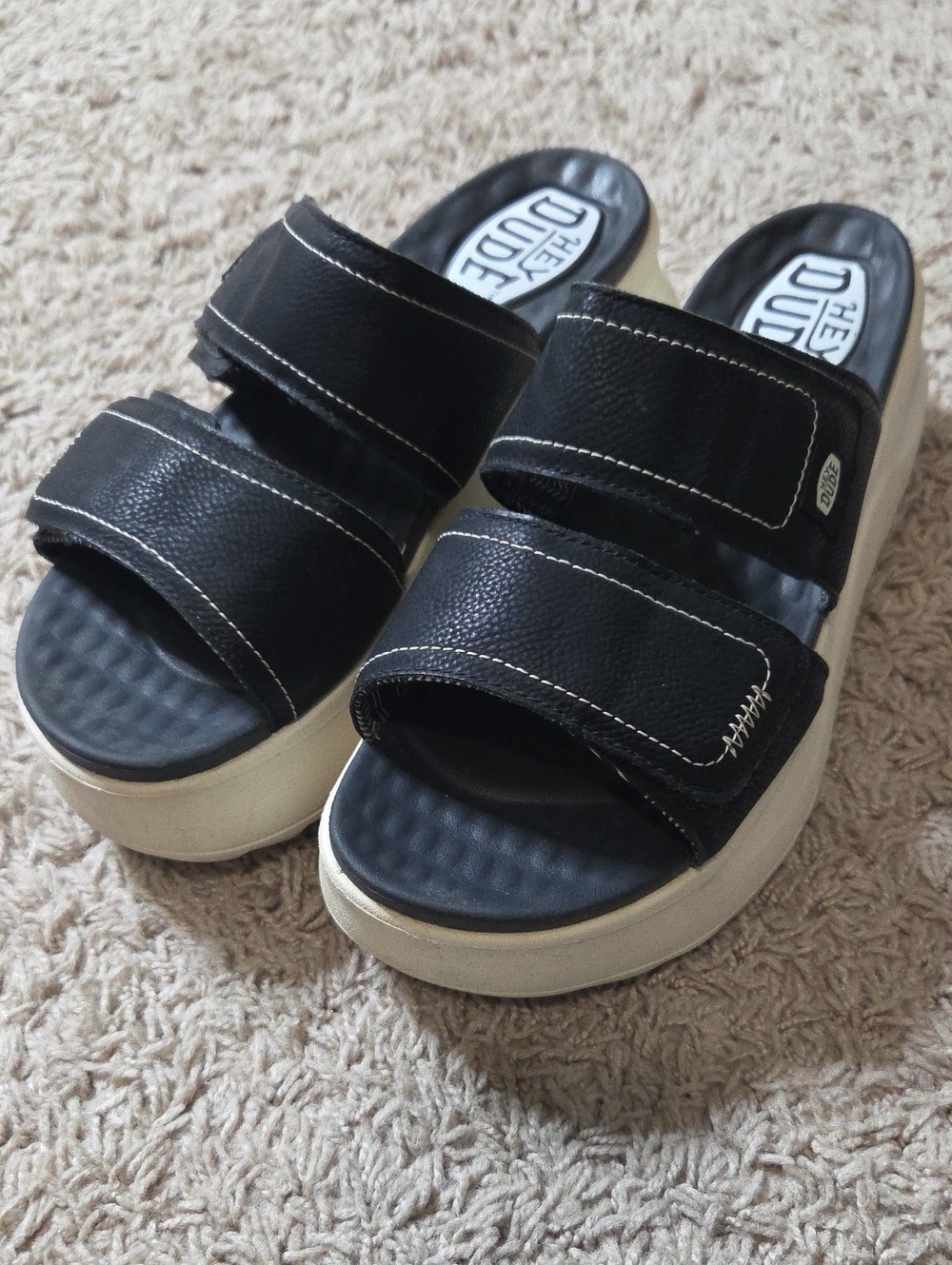 Hey Dude Black and Cream Women's Platform Slide Sandals